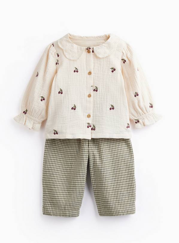 Cream Cherry Embroidered Blouse & Trouser Set Up to 3 mths